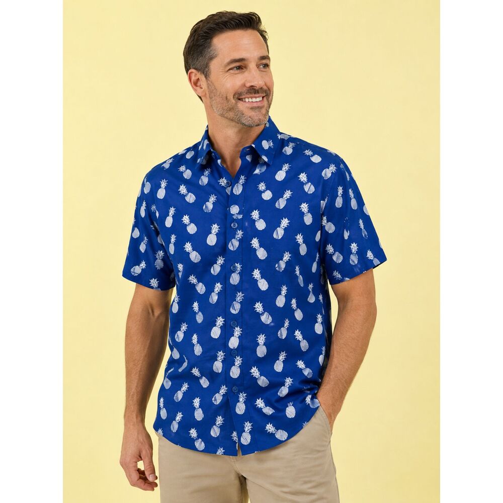 Wallin & Bros Men's XL Blue Pineapple Print Short Sleeve Button Up Shirt